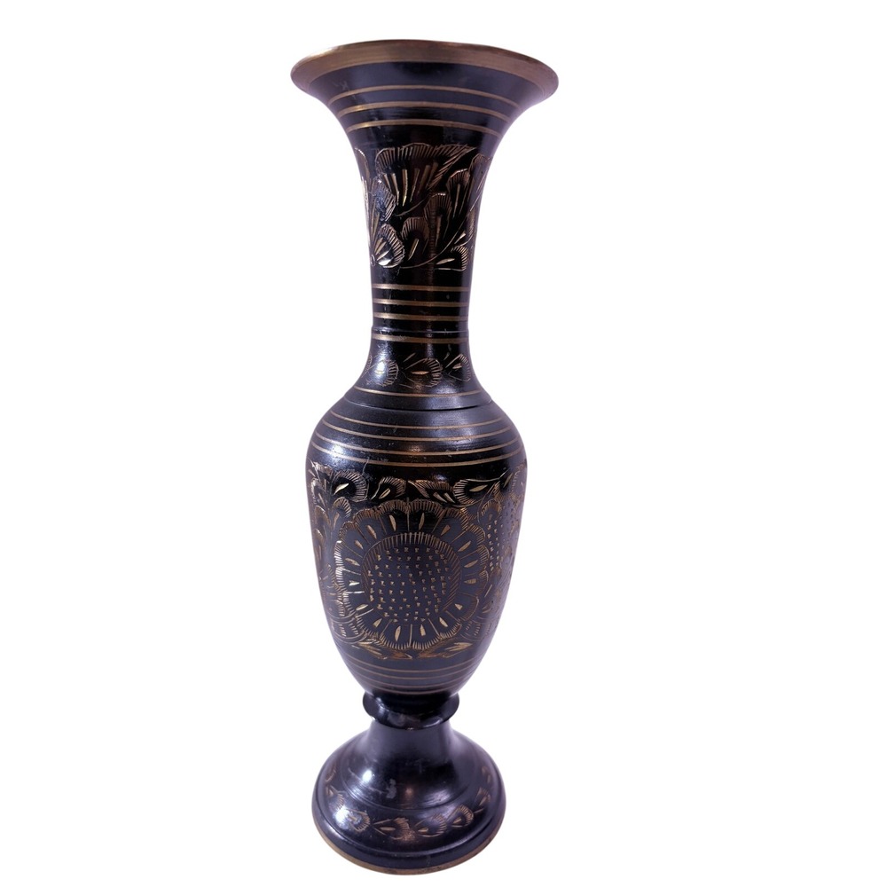 Etched Brass Vase India Black Gold Floral‎ Sunflower Bud Vase 10.5 In Vintage